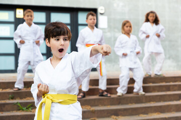 Fototapeta na wymiar Boy in white kimono during training karate exercises at summer outdoors
