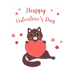 Cute cat character with heart. Valentines Day greeting card. Love, romantic, wedding, Valentines day concept. Vector illustration