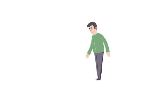 Adult man on a white background. It goes and stops. I found something under my feet. Animated infographic. 2D cartoon. Fragment of advertising.