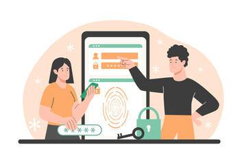 Concept of security. Man and girl pass authorization. Personal identification, modern technology and fingerprint login. Reliable protection against hacking, security. Cartoon flat vector illustration