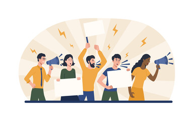 People supporting protests. Rally, activists express their opinion, political slogans, posters and banners. Disgruntled crowd demands action from authorities. Cartoon flat vector illustration