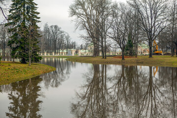 Karpiev pond against the backdrop of the Grand Menshikov Palace. Oranienbaum. Lomonosov. Saint Petersburg. Russia