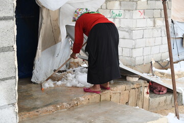 a snow storm hit the refugee camps in Rajo district in the northern countryside of Aleppo, causing the collapse of dozens of tents, deteriorating the conditions of the displace