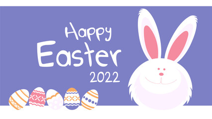 Happy Easter 2022 greeting card with funny bunny and lettering design