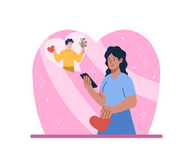 Woman feeling love. Young girl communicates with man in social networks. Modern technology, character preparing for romantic date. Beautiful couple with gadgets. Cartoon flat vector illustration