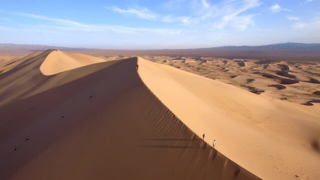 Aerial view of Khongoryn Els sand dunes in the Gobi Desert, Mongolia.