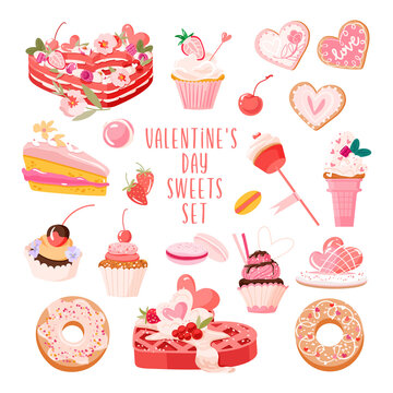 Delicious sweets and desserts vector set with flowers, heart, strawberry and cherry for valentines day. Romantic elements Isolated on white background. Pink cake, cupcake, donut and cookies