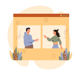 Chatting couple concept. Man and girl stretch their hands to each other. Friends or couple. Social networks and modern technologies. Society and communication. Cartoon flat vector illustration