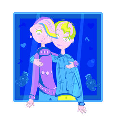 Two smiling vector girls hugging each other, two females on photo, a photo of two friends decorated by hearts and teddy bears, a couple of women with colorful hair and dressed in sweater and shirt  
