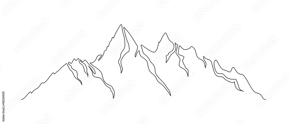 Aufkleber mountains landscape in one continuous line drawing. mounts with high peak in simple linear style. ad