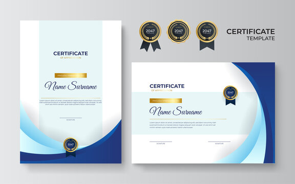 Modern blue certificate template and border, for award, diploma, and printing. Modern employee blue certificate design template