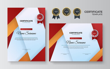 Modern red certificate template and border, for award, diploma, and printing. Red and gold elegant certificate of achievement template with gold badge and border