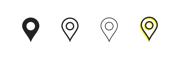 Pin vector icons. Map pin place marker. World map icon. Navigation pointer. 3 Set. Filled and linear location symbol.  - obrazy, fototapety, plakaty