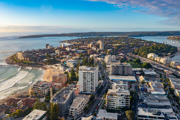 Panoramic aerial drone view above Cronulla in the Sutherland Shire, South Sydney, looking south...