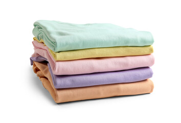 Stack of colorful clothes on white background