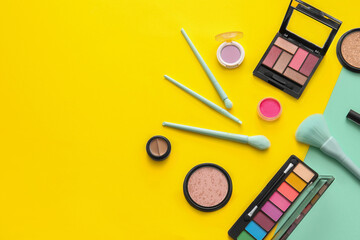 Makeup cosmetics on color background