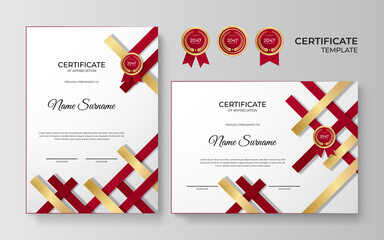 Modern red certificate template and border, for award, diploma, and printing. Red and gold elegant certificate of achievement template with gold badge and border