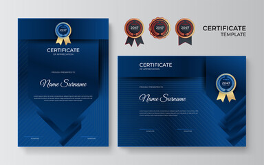 Modern blue certificate template and border, for award, diploma, and printing. Blue and gold elegant certificate of achievement template with gold badge and border