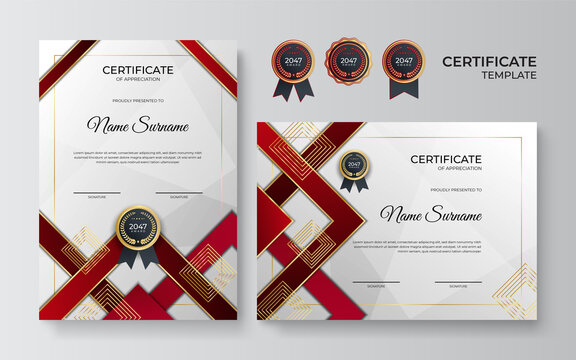 Modern red certificate template and border, for award, diploma, and printing. Red and gold elegant certificate of achievement template with gold badge and border