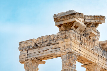 fragment of the colonnade of the destroyed temple of Apollo in Side with a stone-cut relief on the...