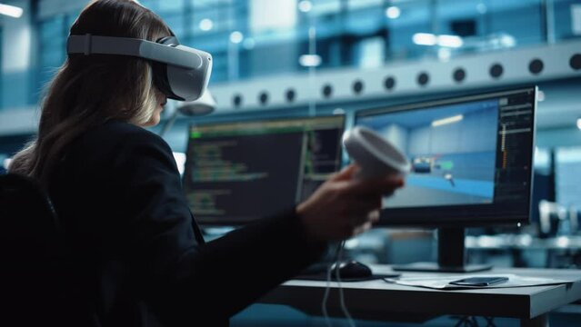 Industrial Software Developer Writing Code and Testing Automotive Manufacturing Interface. Engineer Editing Electric Motor and Car Chassis while Wearing Virtual Reality Headset and Using Controllers.