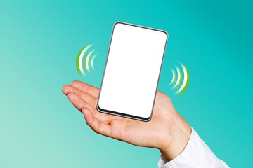 The palm of the hand supports the floating smart phone, with  a blank screen