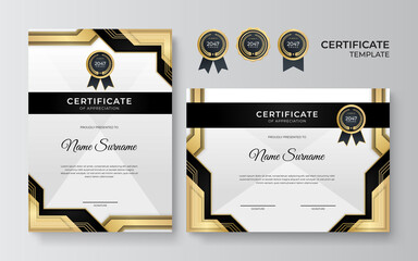 Black and gold certificate of achievement border template with luxury badge and modern line pattern. For award, business, award, achievement and education needs