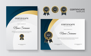 Blue and gold certificate of achievement border template with luxury badge and modern line pattern. For award, business, award, achievement and education needs