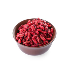 Bowl with dried barberries on white background