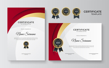 Modern red certificate template and border, for award, diploma, and printing. Red and gold elegant certificate of achievement template with gold badge and border