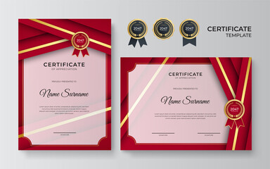 Modern red certificate template and border, for award, diploma, and printing. Red and gold elegant certificate of achievement template with gold badge and border