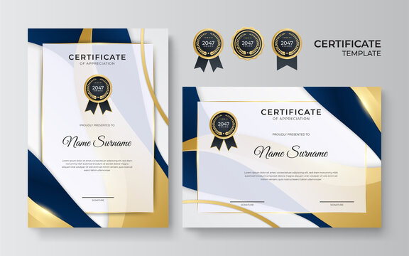 Modern blue certificate template and border, for award, diploma, and printing. Blue and gold elegant certificate of achievement template with gold badge and border