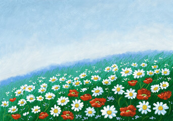 Digital paintings summer landscape, field of flowers and sky