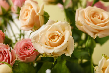 Bouquet of beautiful fresh roses on color background, closeup