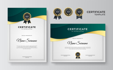 Modern green certificate template and border, for award, diploma, and printing. Green and gold elegant certificate of achievement template with gold badge and border