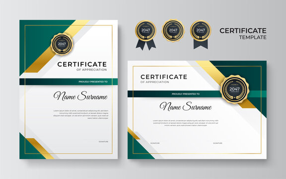 Modern green certificate template and border, for award, diploma, and printing. Green and gold elegant certificate of achievement template with gold badge and border