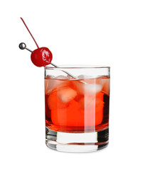 Glass of Manhattan cocktail with cherry and ice on white background