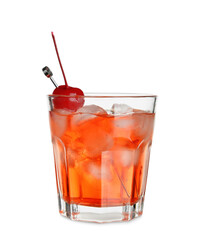 Glass of tasty Manhattan cocktail with cherry and ice on white background