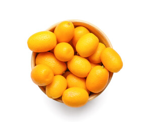 Bowl with tasty kumquat fruits on white background