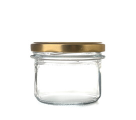 Empty glass jar on white background