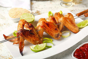 Plate with grilled chicken wings skewers and lemon on table