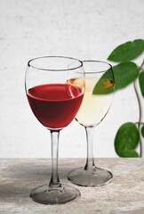 Wines assortment. Red, white wine in wineglasses. Wine bar, shop, tasting concept