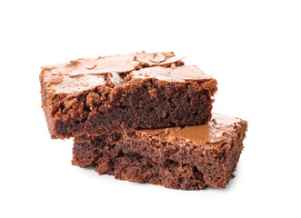 Pieces of tasty chocolate brownie isolated on white background