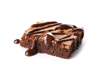 Piece of tasty chocolate brownie on white background