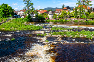 Idyllic view of river Murg an buildings in Gernsbach, Black Forest, Germany
