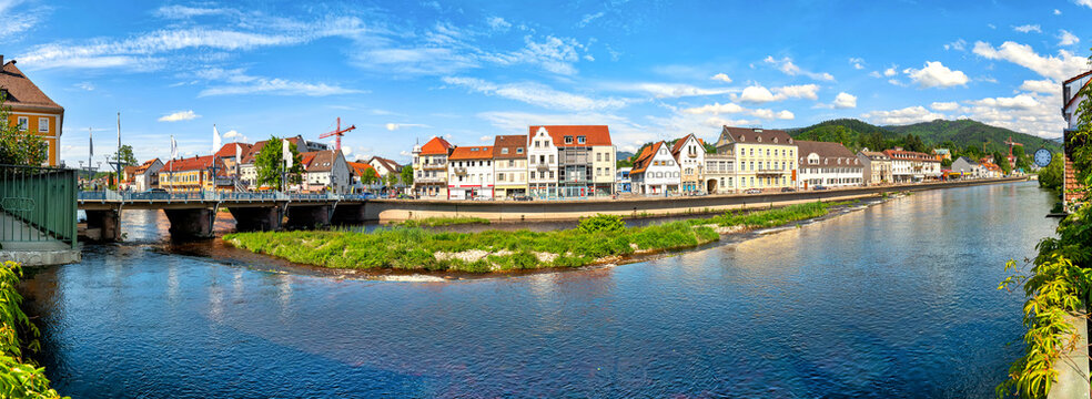 Panoramic view of river Murg an buildings in Gernsbach, Black Forest, Germany