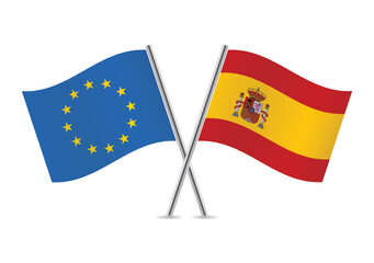 European Union and Spain flags. EU and Spanish flags isolated on white background. Vector illustration.