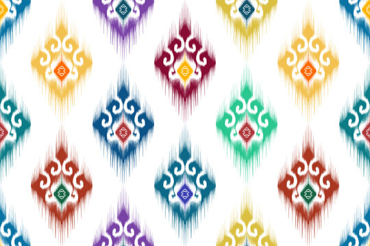 Ikat ethnic seamless pattern design. Aztec fabric carpet mandala ornament chevron textile decoration wallpaper. Tribal turkey African Indian traditional embroidery vector illustrations background 