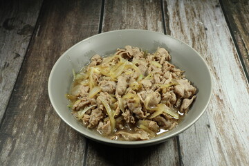 Traditional fried and stirred pork with fresh onion serving in the bowl. Famous easy menu in Japanese restaurant. 