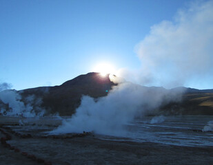 Atacama Desert, Chile. Altiplano, mountains, lake and wild nature. G&eacute;iser, steam 